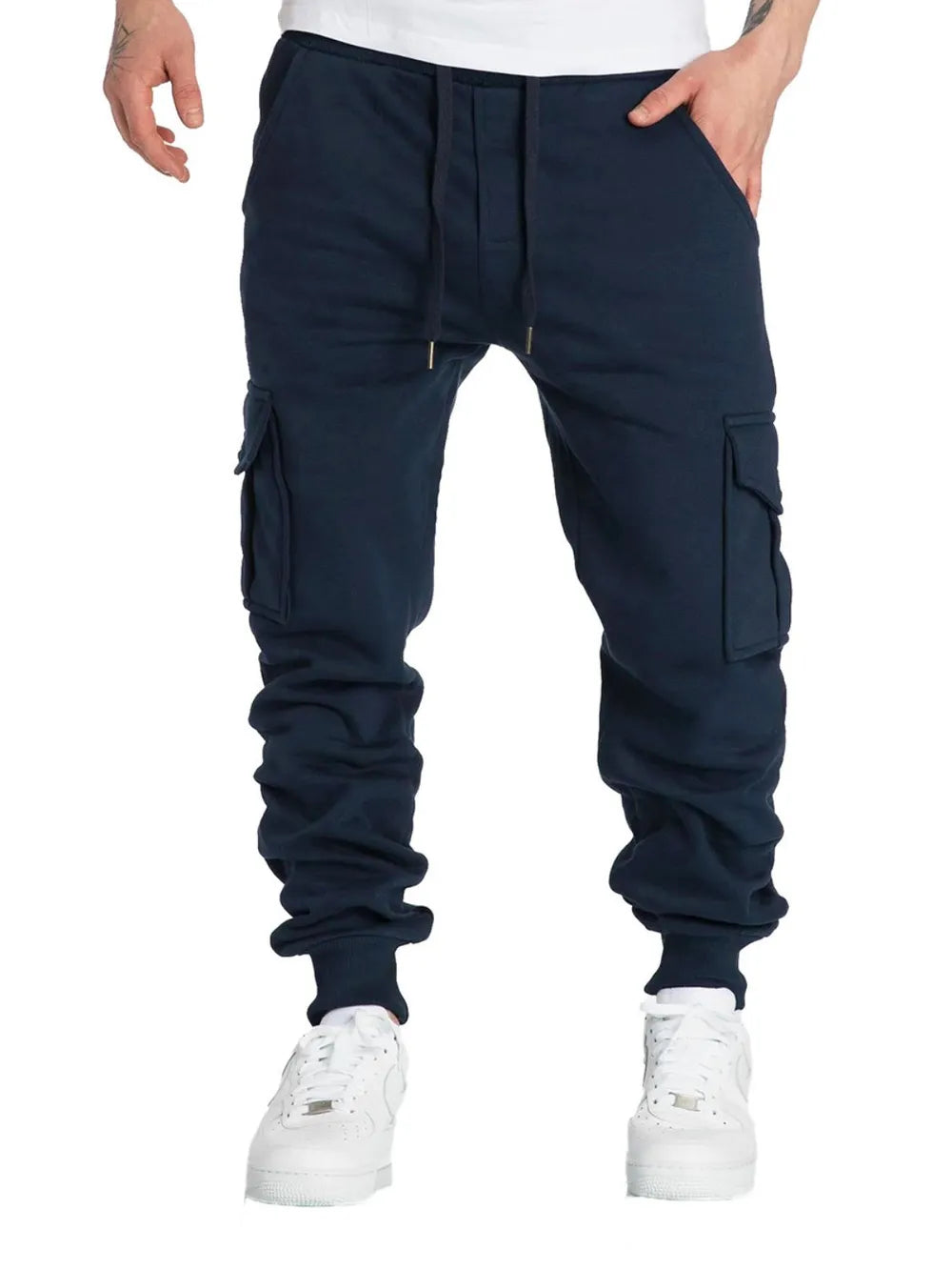 Navy cargo joggers with cuffed ankles and drawstring waist.