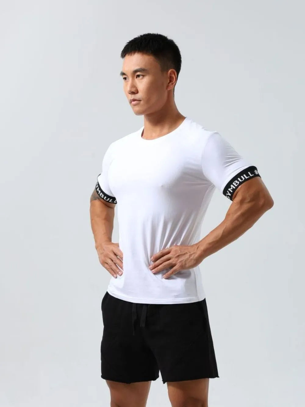 White crewneck tee with black Gymband sleeve detail