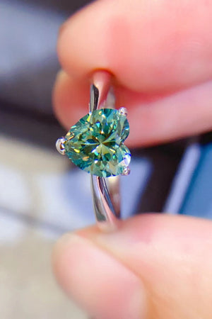 Green heart moissanite solitaire ring with silver band