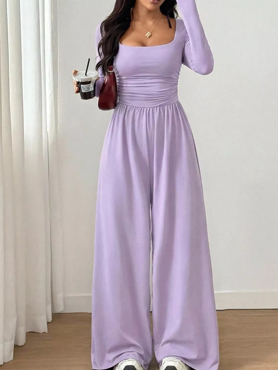 Ruched Square Neck Wide-leg Jumpsuit in Deep Red