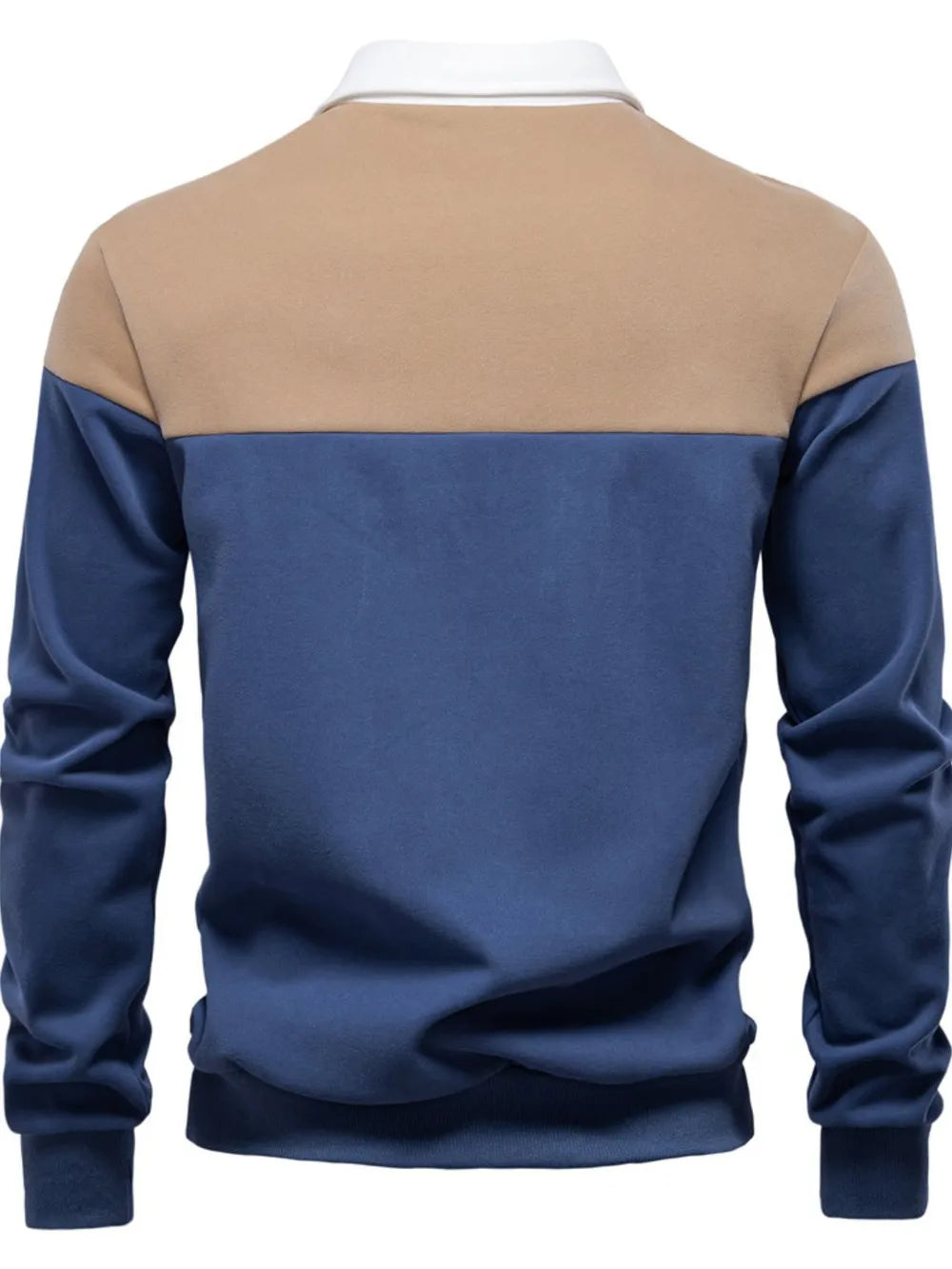 Colorblock rugby shirt with contrast white collar, tan upper back and blue long sleeves and body.