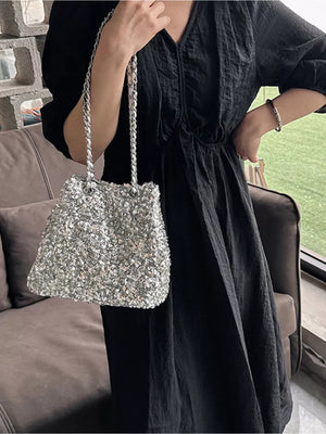 Dazzling sequin bucket bag with chain strap, silver color