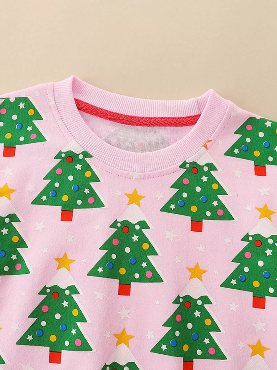 Pink crewneck sweatshirt with allover Christmas tree print and red neckline trim.