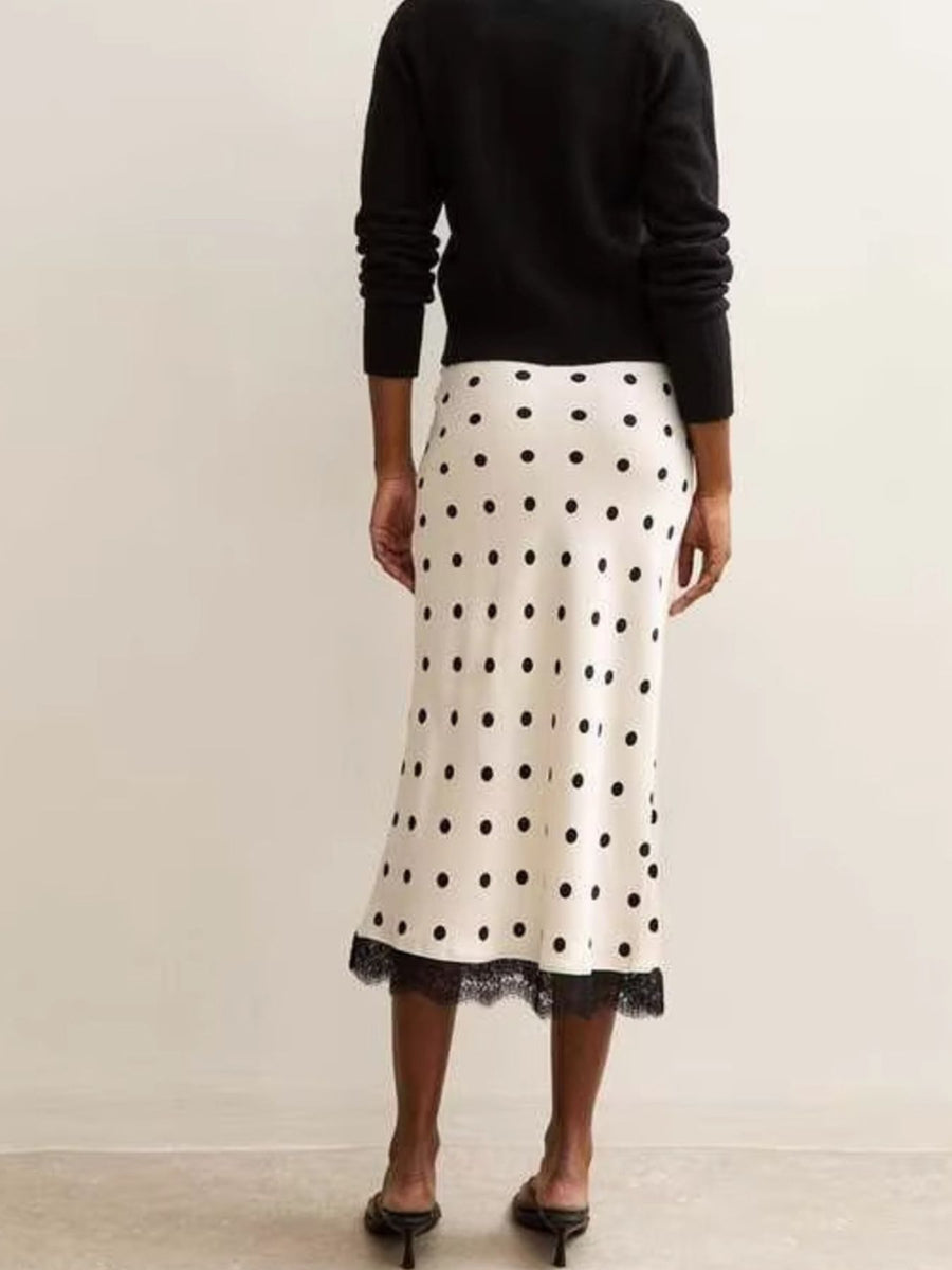 midi skirt in ivory with polka dot and lace