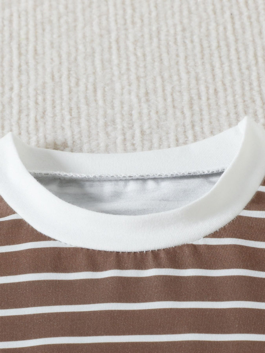 Baby cotton striped two-piece set with white crew neck and trim