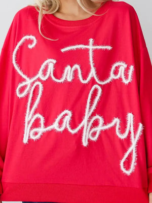 Red crewneck sweatshirt with white fluffy "Santa Baby" embroidery