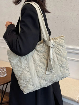 Diamond quilt nylon tote in Khaki with logo strap and top handles