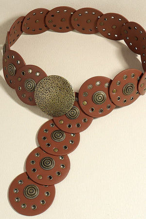Brown faux leather belt with disc embellishments and metal studs