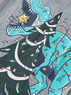 Gray cotton t-shirt with a dinosaur tangled in Christmas lights graphic.