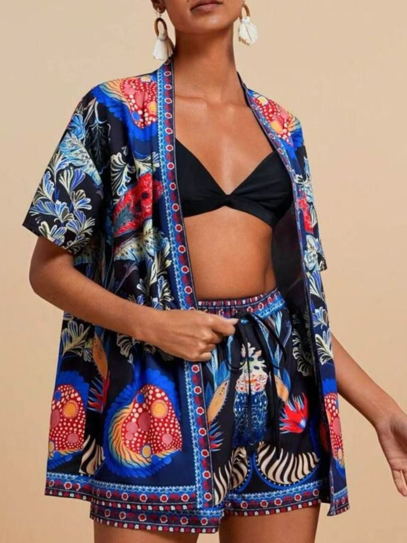 Navy tropical print cardigan and drawstring shorts set with tassel detail
