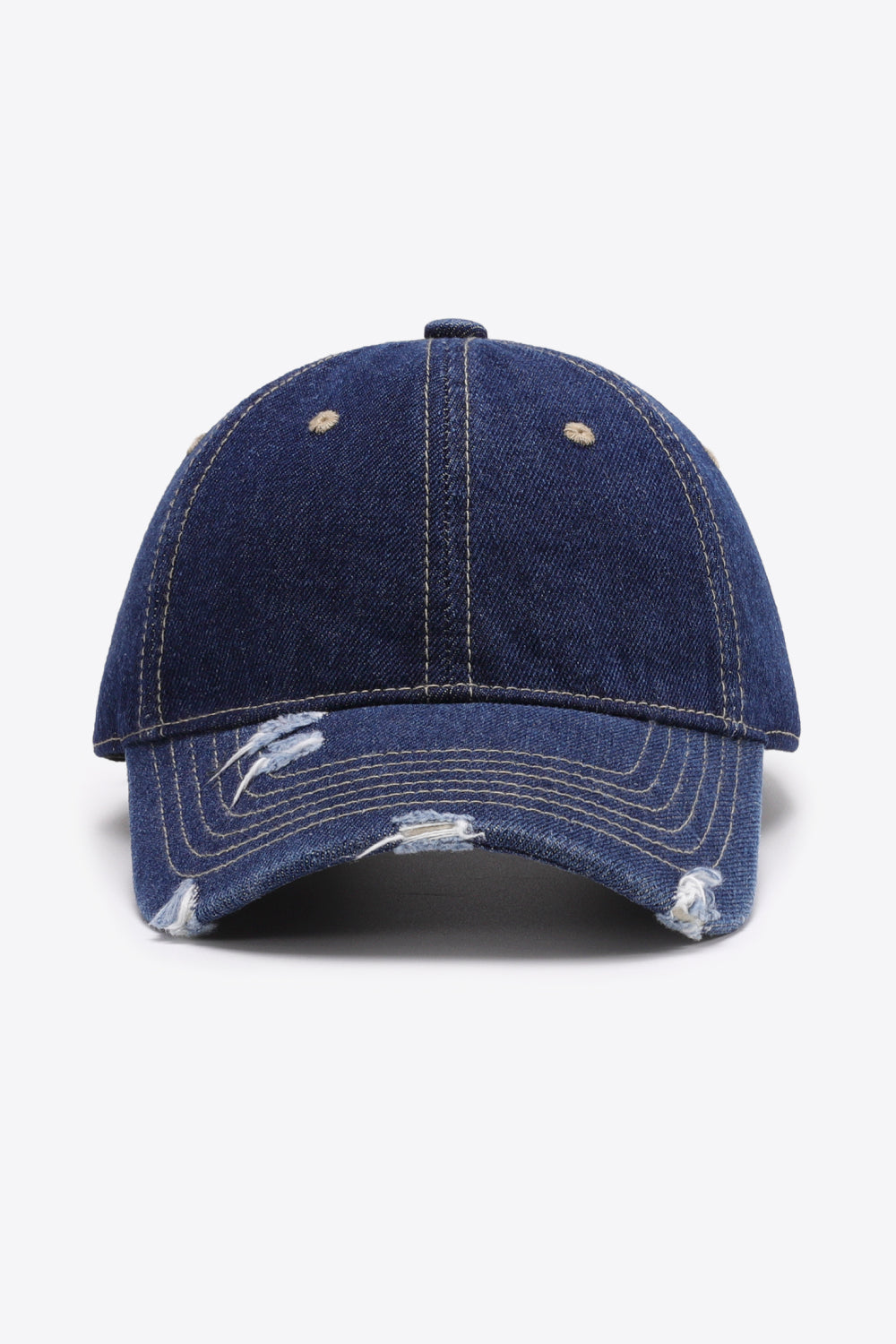 Denim baseball cap in dark wash with distressed brim and adjustable strap