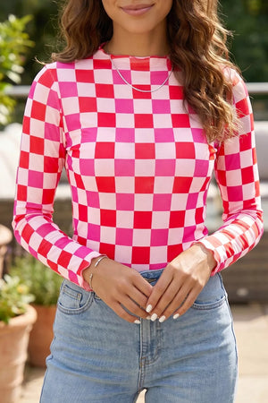 Hot Pink Plaid Heart Mesh Sheer Long Sleeve Top