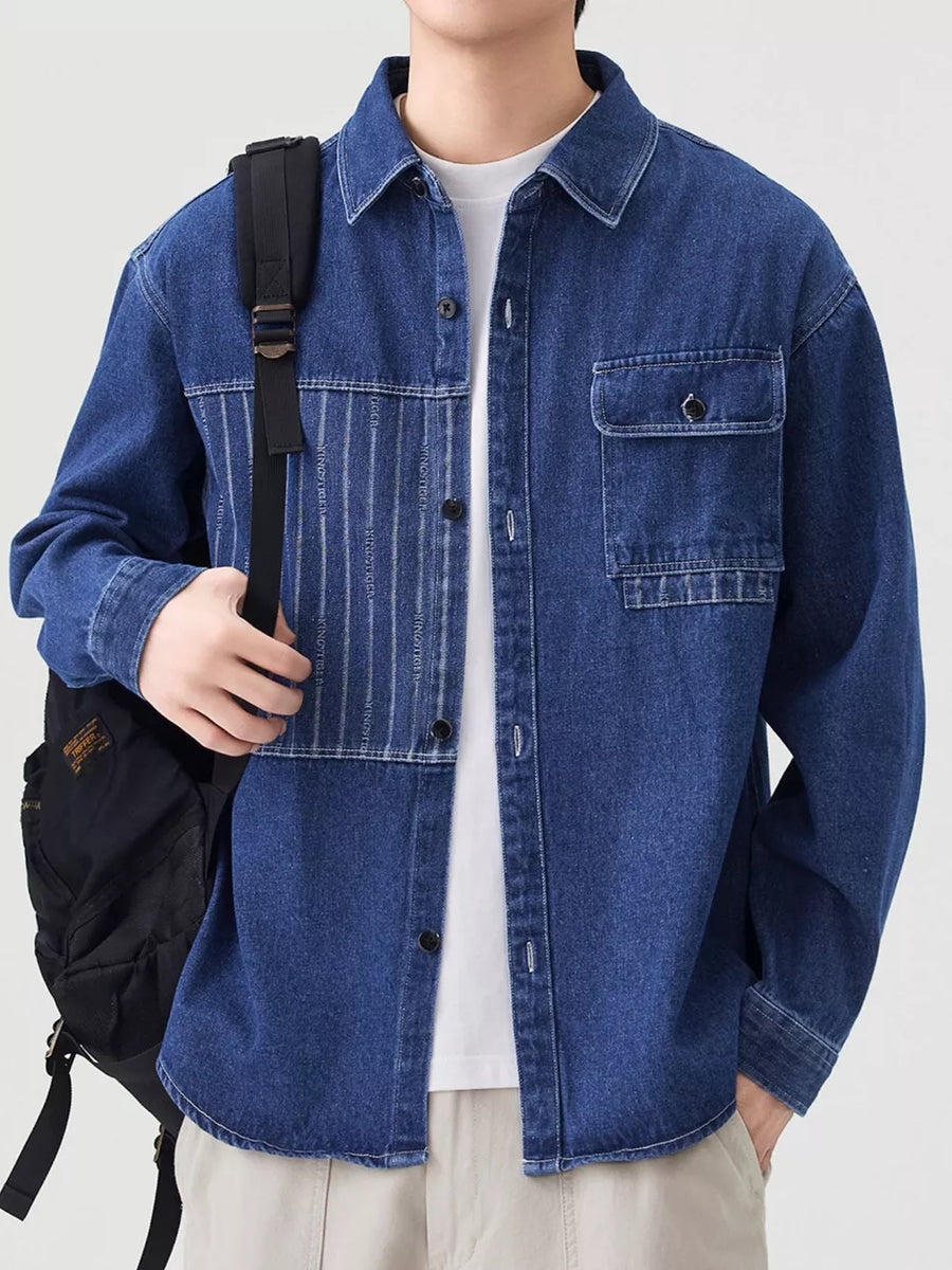 Men's light blue denim overshirt with chest pocket and vertical stripe detail