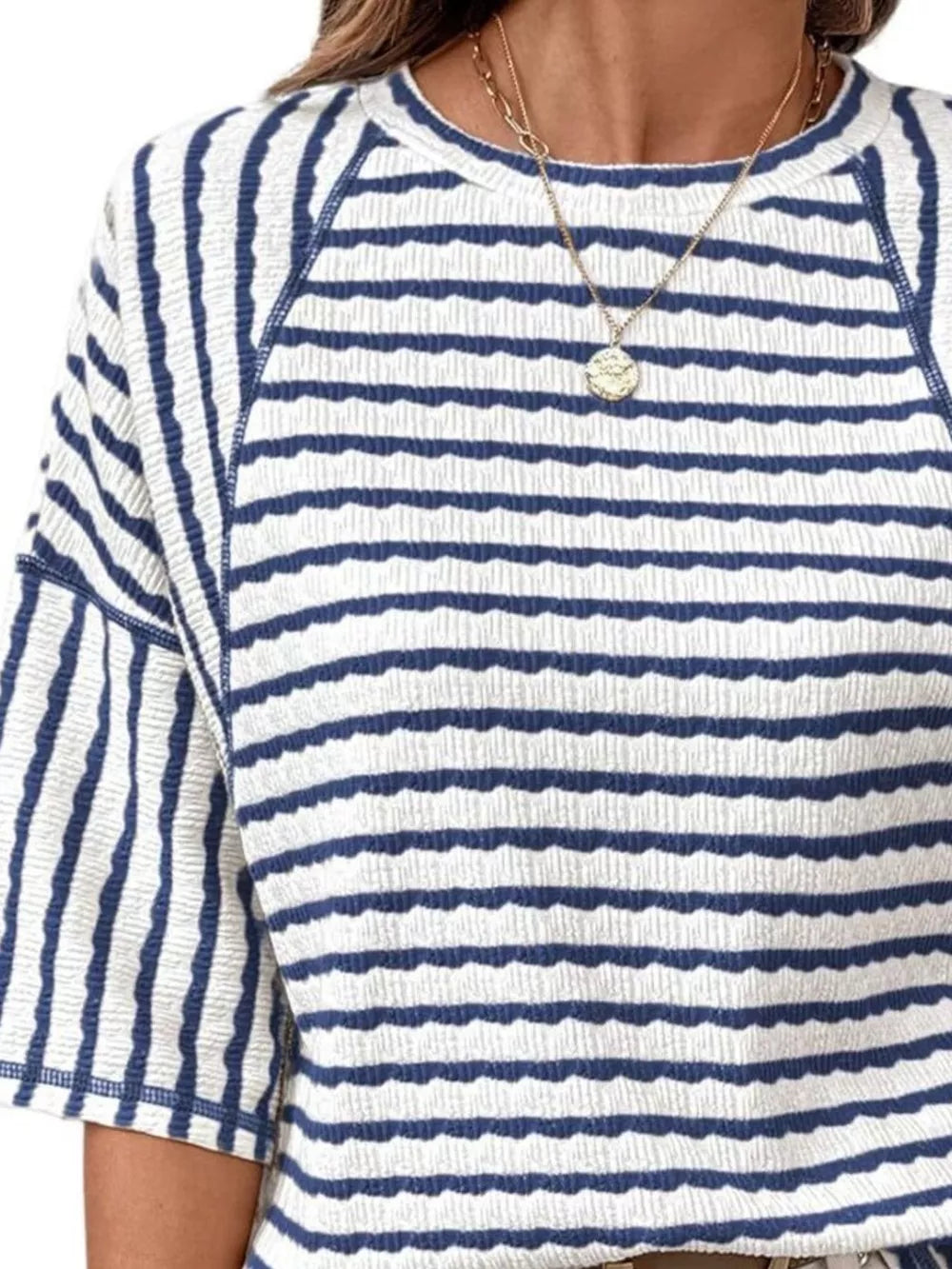 Casual Striped Raglan Sleeve T-shirt in Navy Blue