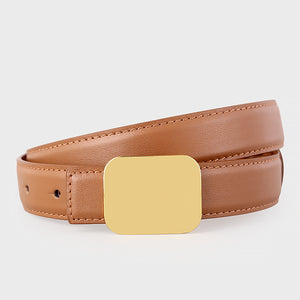 Leather belt with gold buckle in coffee brown, casual style.