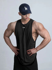 Black performance tank top with logo detail and athletic cut