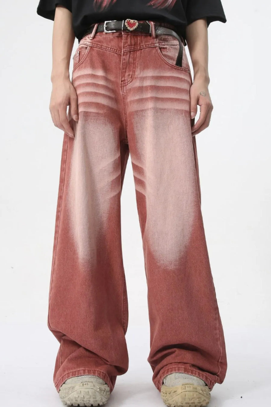 Sunset dip-dye wide leg jeans in rust, featuring a faded effect and relaxed fit.
