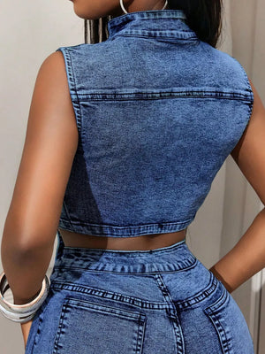 Sleeveless Zip-up Denim Crop Top option 5