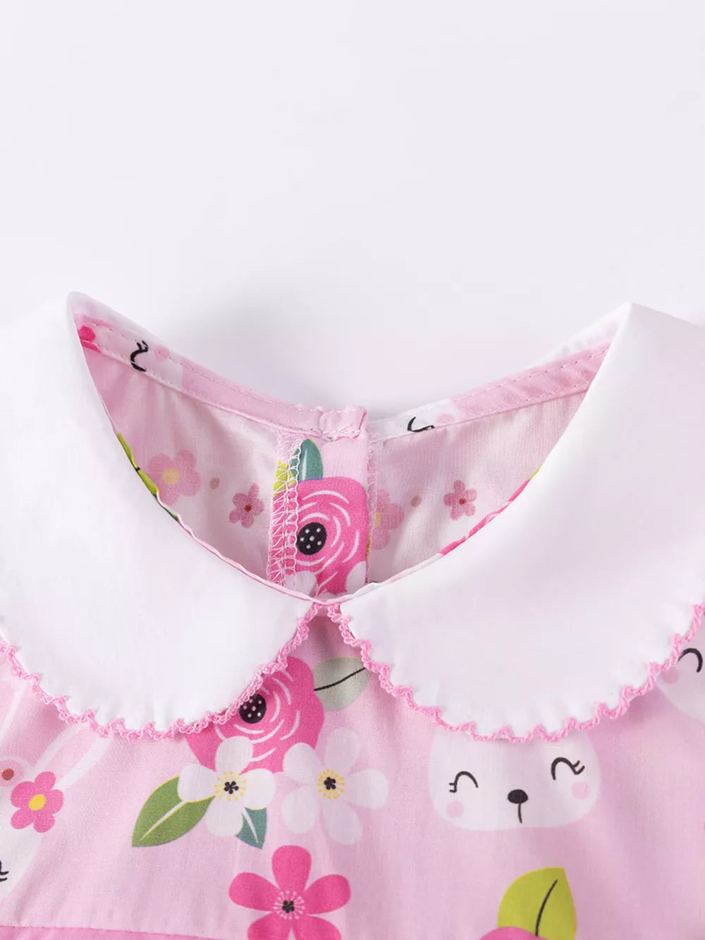 Toddler cotton dress with pink floral and bunny print, white peter pan collar.