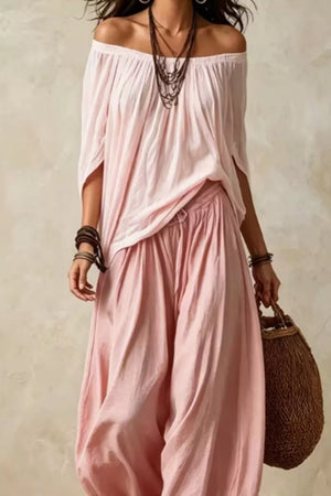 Dusty Pink with Off-shoulder Top And Wide-leg Pants Set Plus Size
