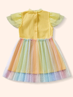 Yellow toddler dress with rainbow tulle skirt and flutter sleeves.