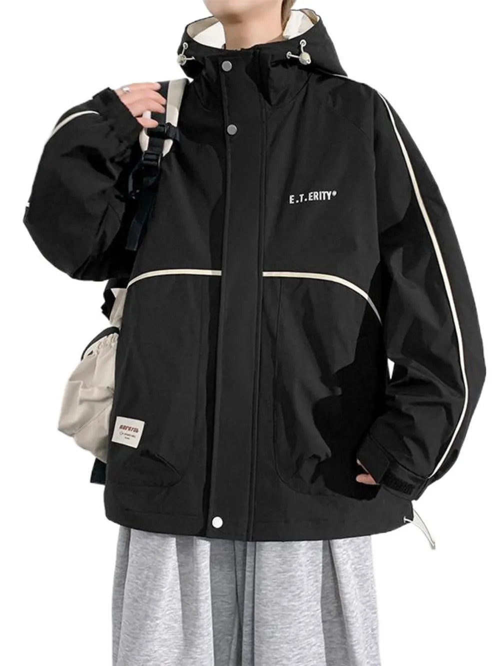 Black Men's Plus Size Contrast Trim Zip Up Jacket