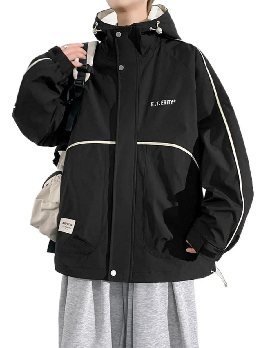 Black Men's Plus Size Contrast Trim Zip Up Jacket