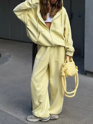 Yellow with Oversized Zip-up Hoodie And Wide-leg Pants Set