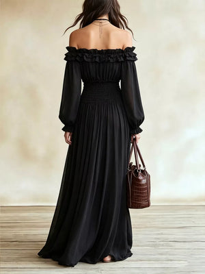 bohemian maxi dress in Air Force Blue with off-shoulder