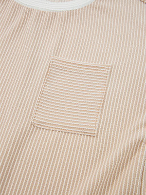 Beige striped t-shirt dress with crew neck and chest pocket detail.
