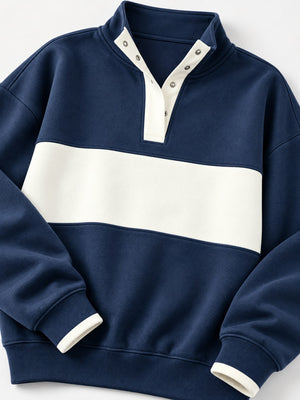 cream sweatshirt with hip-length and half-button