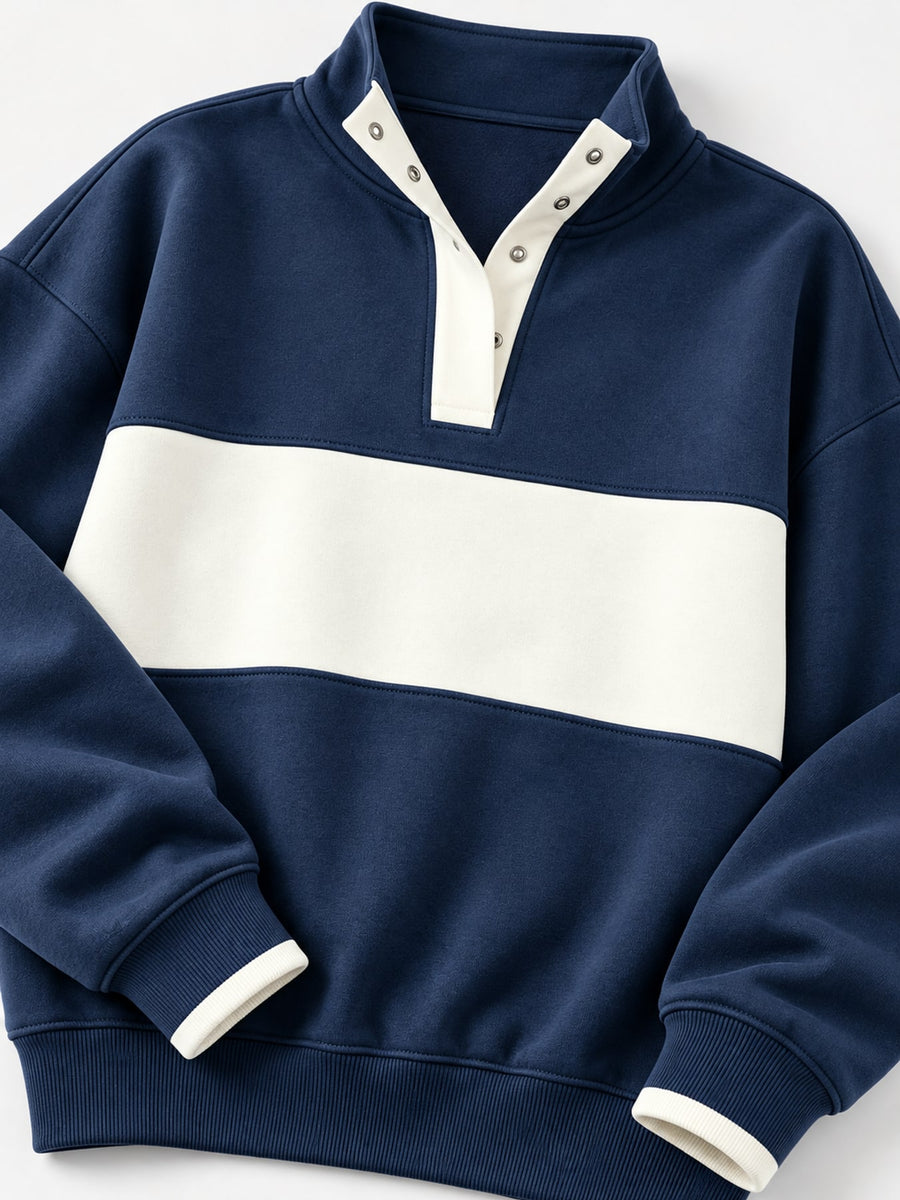 cream sweatshirt with hip-length and half-button