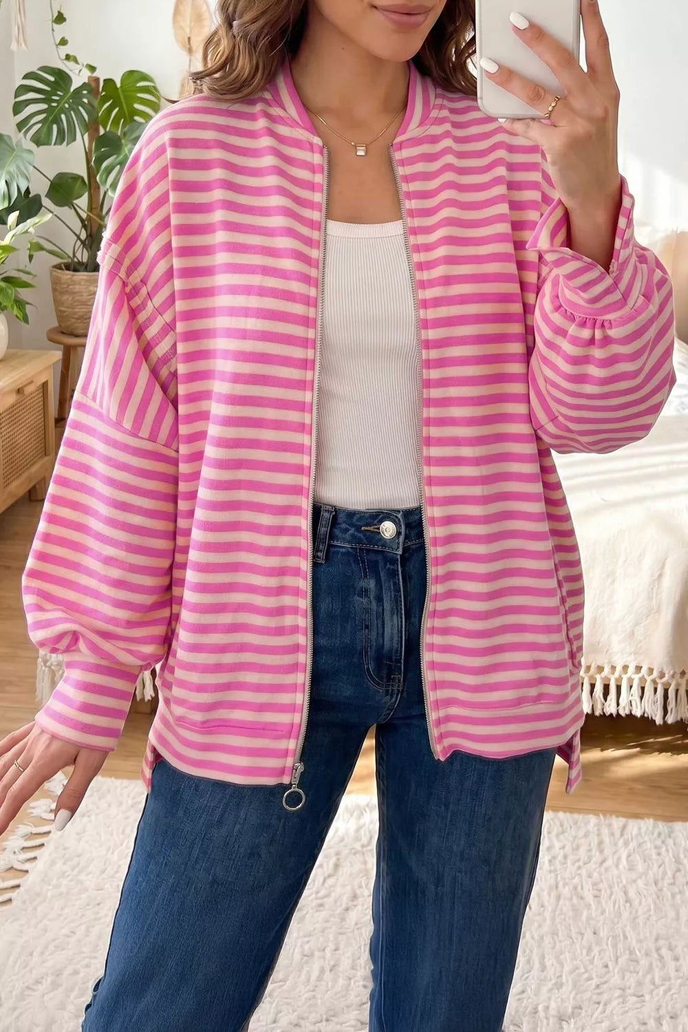 Pink Striped Zip-up Loose Fit Hoodie