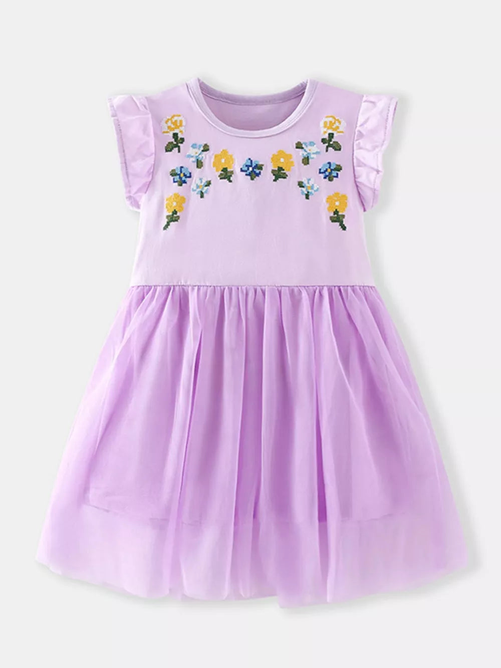 Toddler lavender tulle dress with embroidered floral bodice and flutter sleeves.