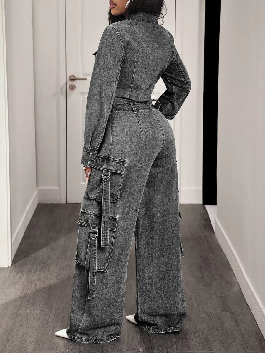 Zip Front Wide Leg Cargo Denim Jumpsuit option 6