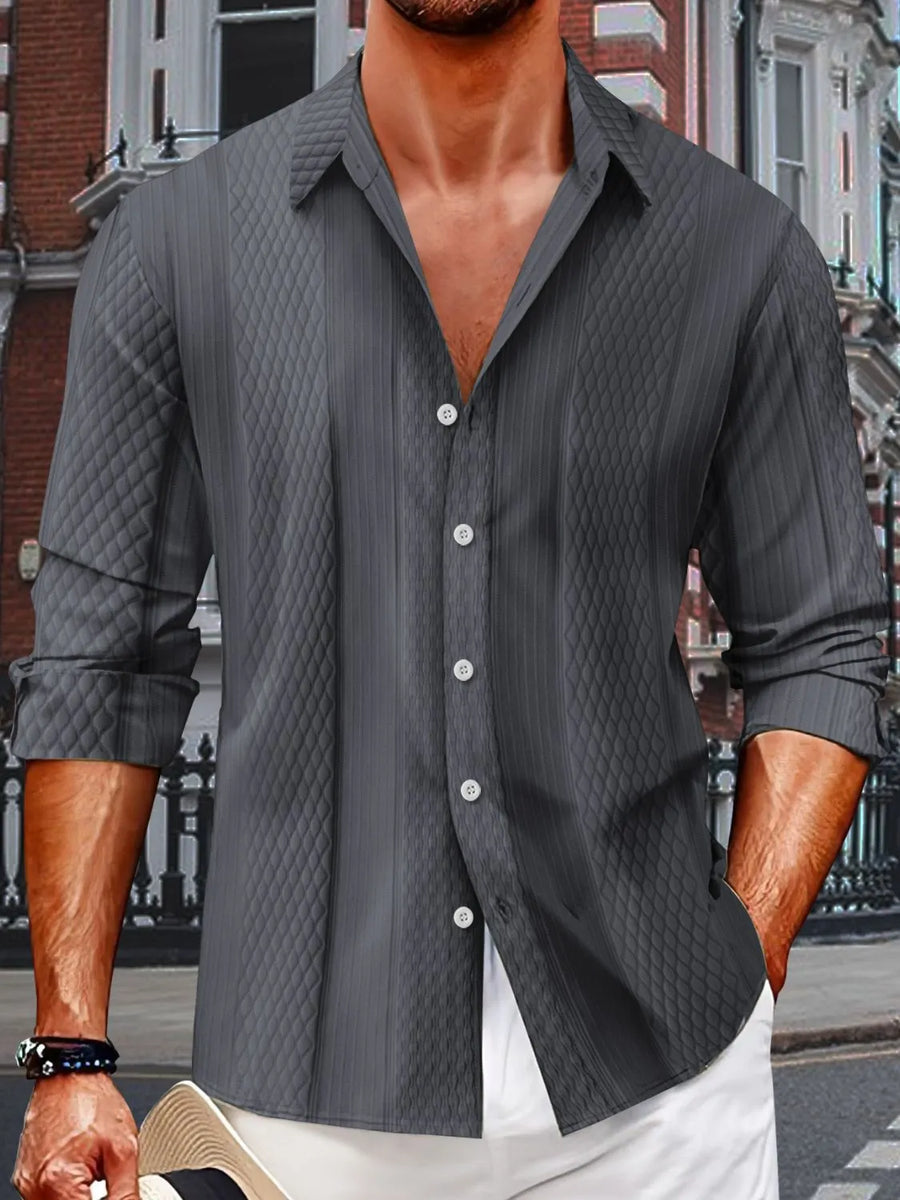 Dark Gray textured quilted panel shirt with a relaxed fit and button-down front.