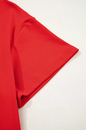 Red cotton mini dress with short sleeves and a crew neck.