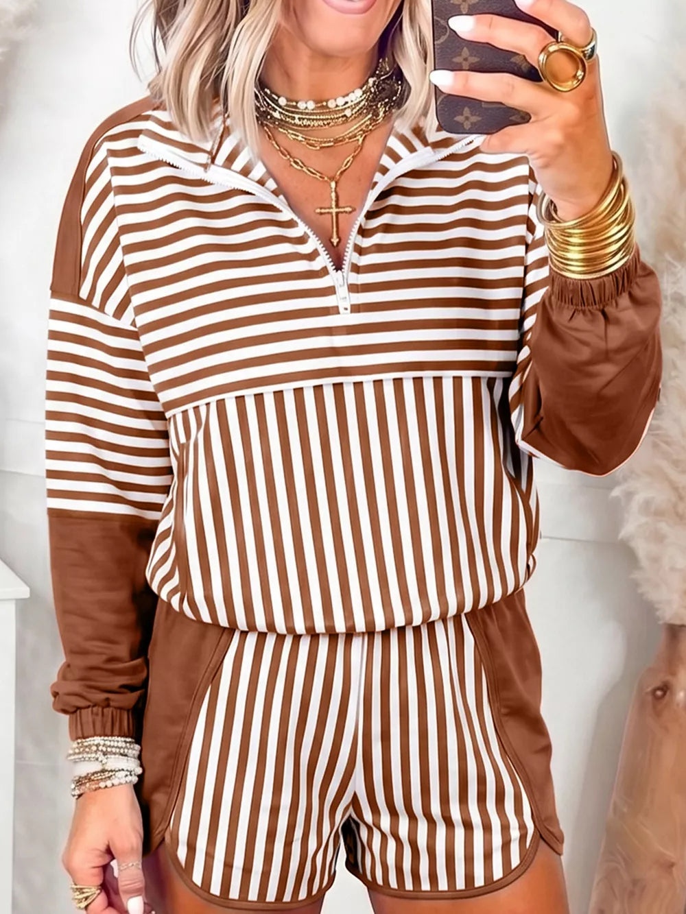 Dark Brown Stripe Color Block Quarter Zip Pullover Shorts Set