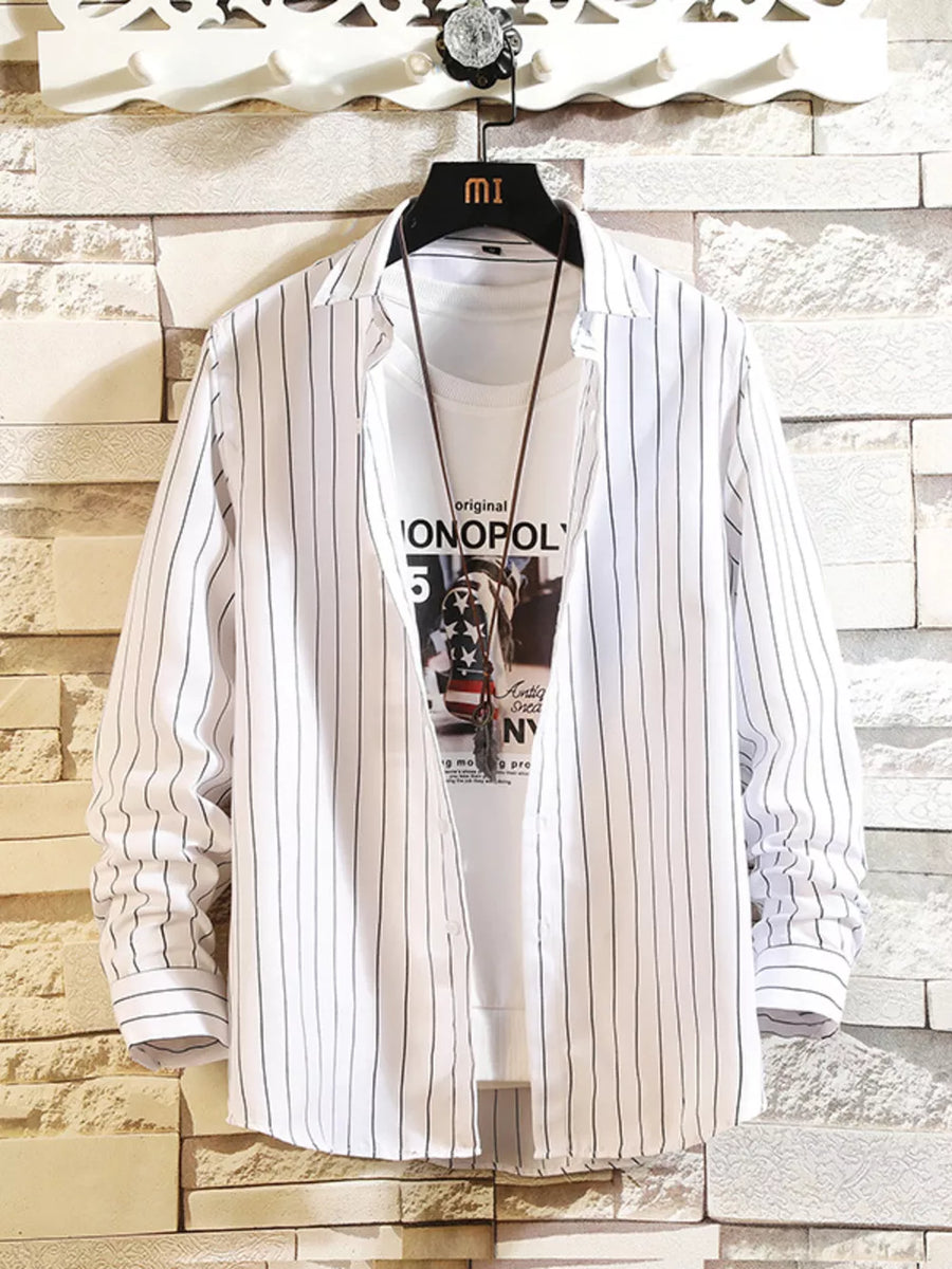 Black Men's Plus Size Striped Button Up Casual Shirt