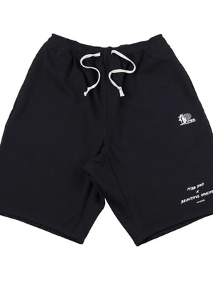 Black performance fleece jogger shorts with white drawstring and graphic details.