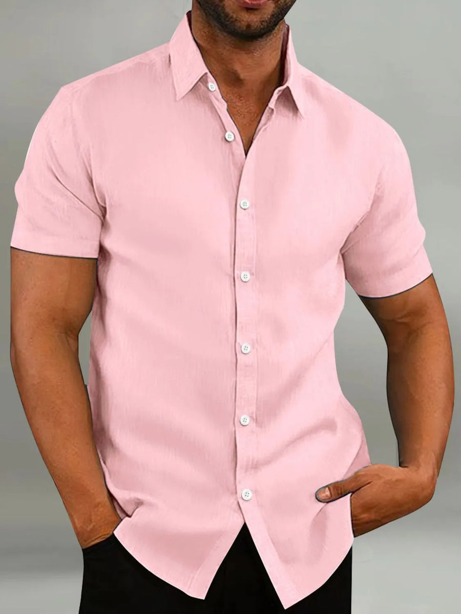 Dusty Pink linen-blend short-sleeve button-down shirt with tailored fit