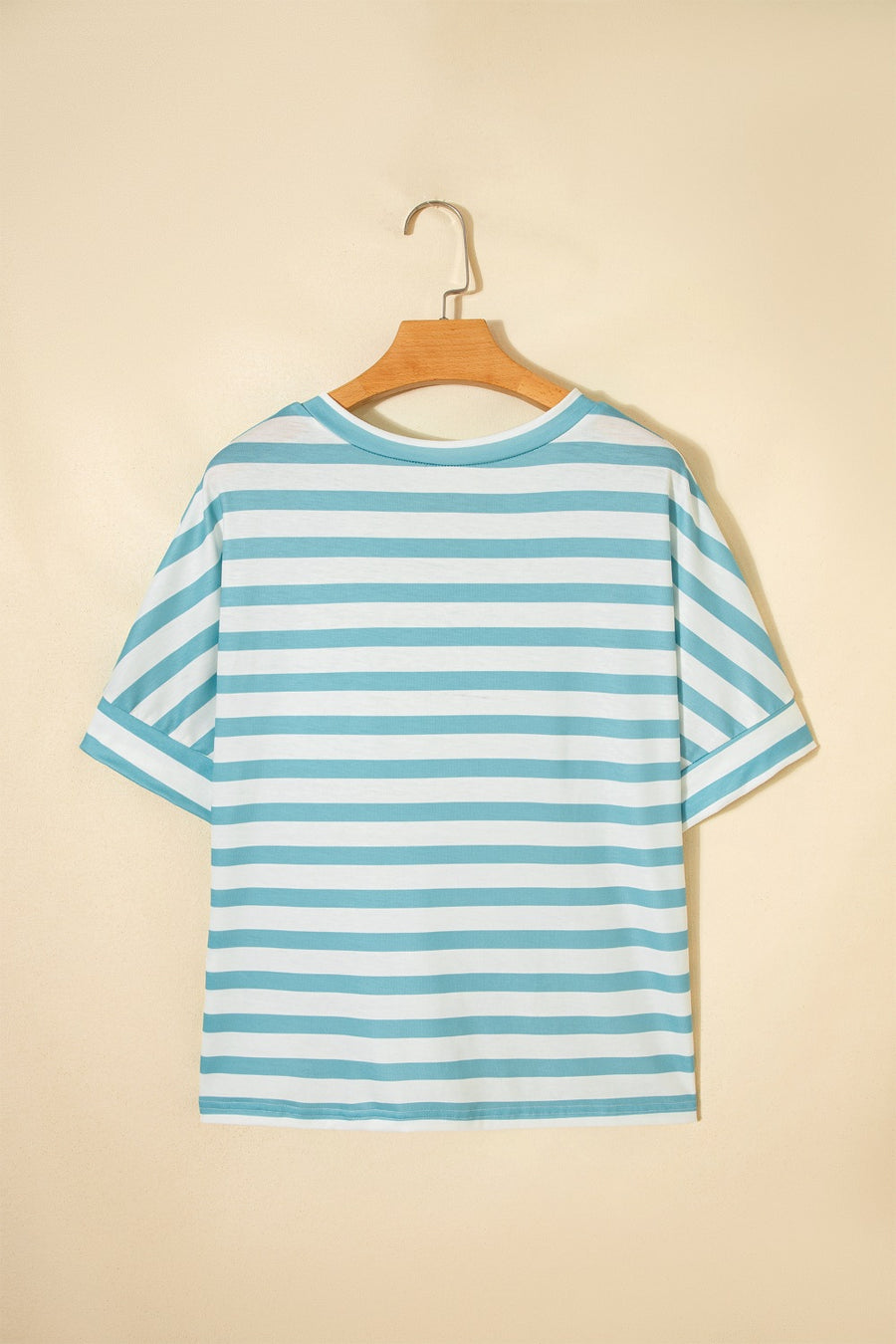 Teal and white striped t-shirt with short sleeves and a round neckline.