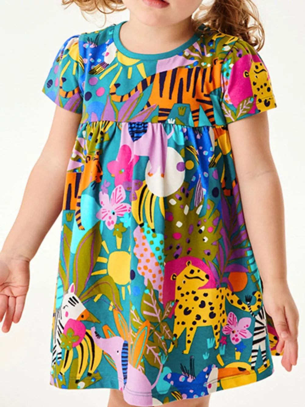 Toddler safari print cotton dress with short sleeves and round neckline.