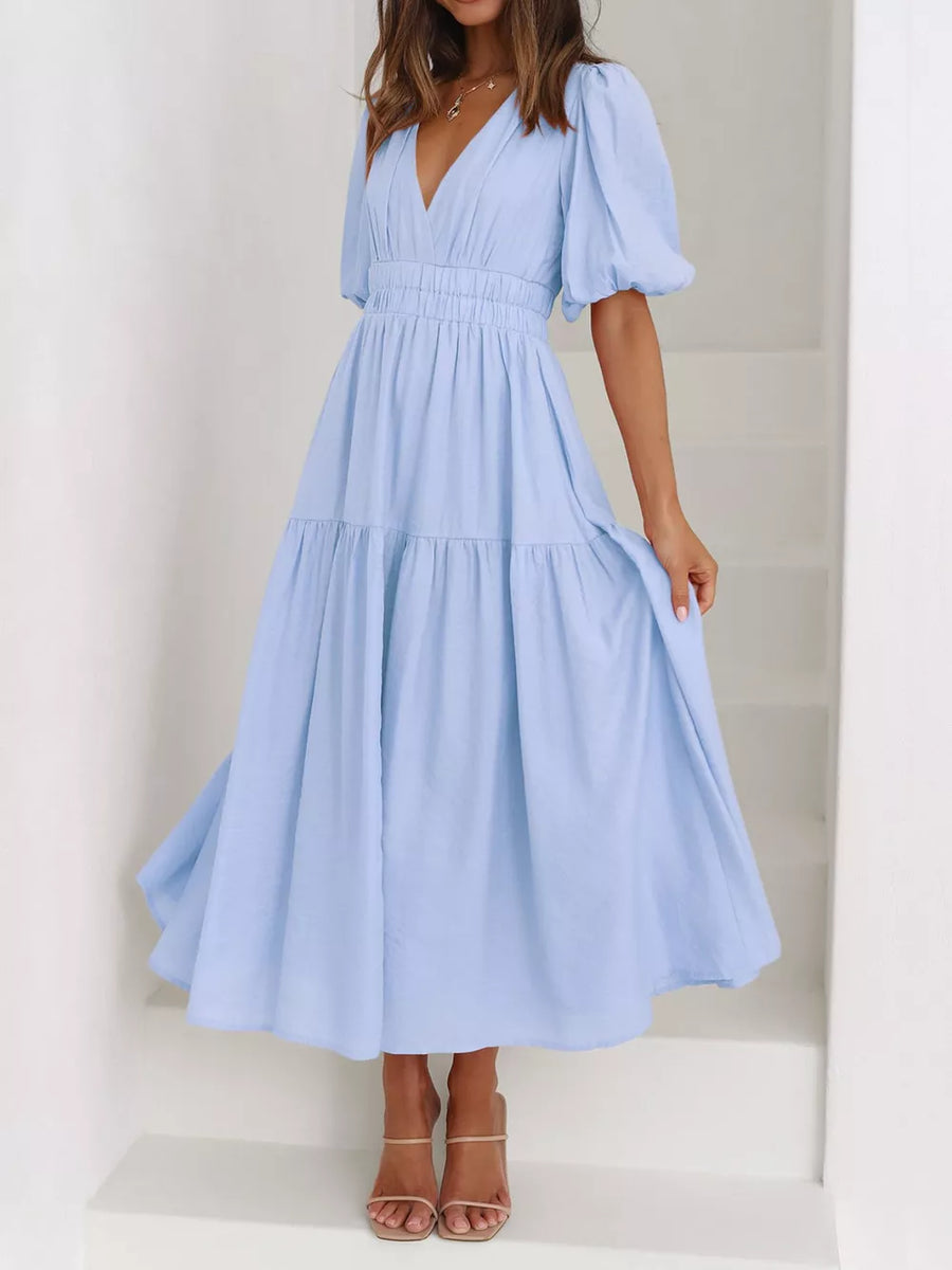 Elegant Puff Sleeve V-neck Midi Dress in Black, view 13