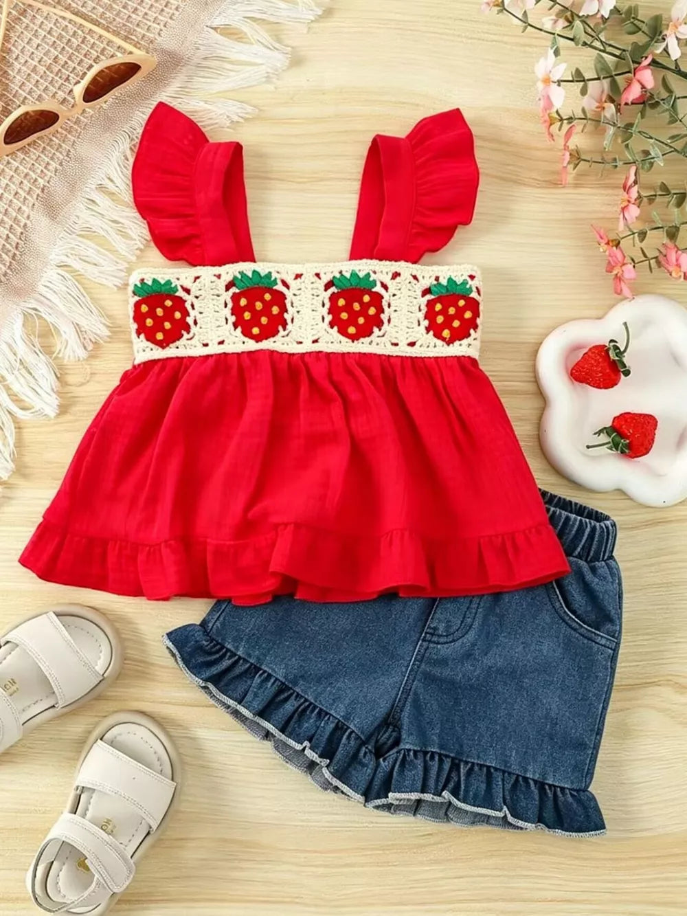 Children's Strawberry Crochet Trim Top & Denim Shorts Set in Red