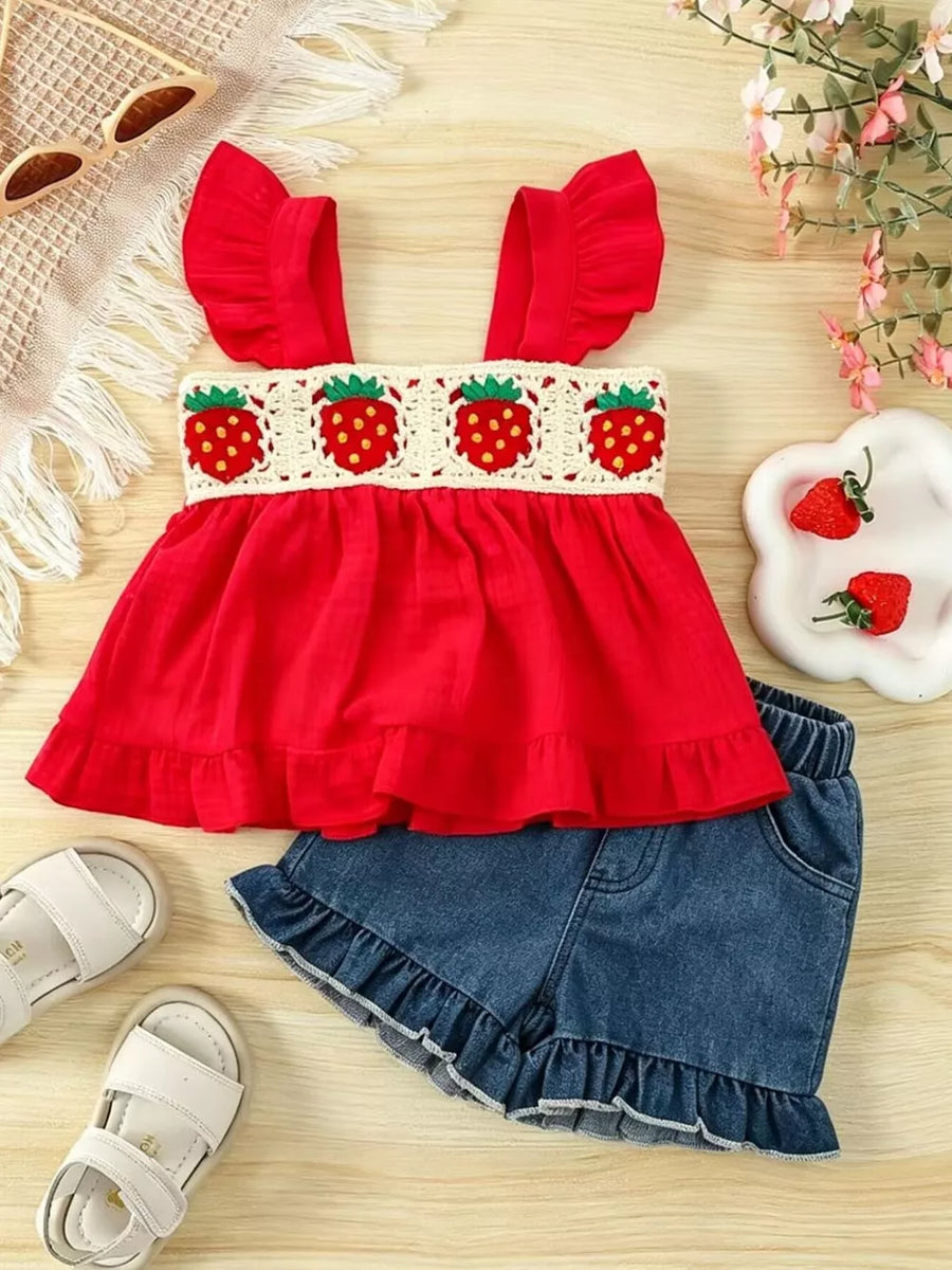 Children's Strawberry Crochet Trim Top & Denim Shorts Set in Red