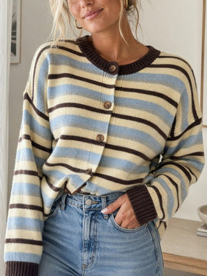 light blue cardigan with striped and crew neck
