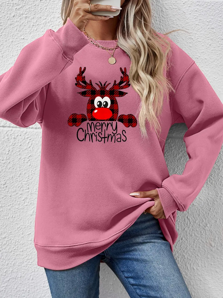 Plaid reindeer Merry Christmas sweatshirt in Blush Pink with crew neck.