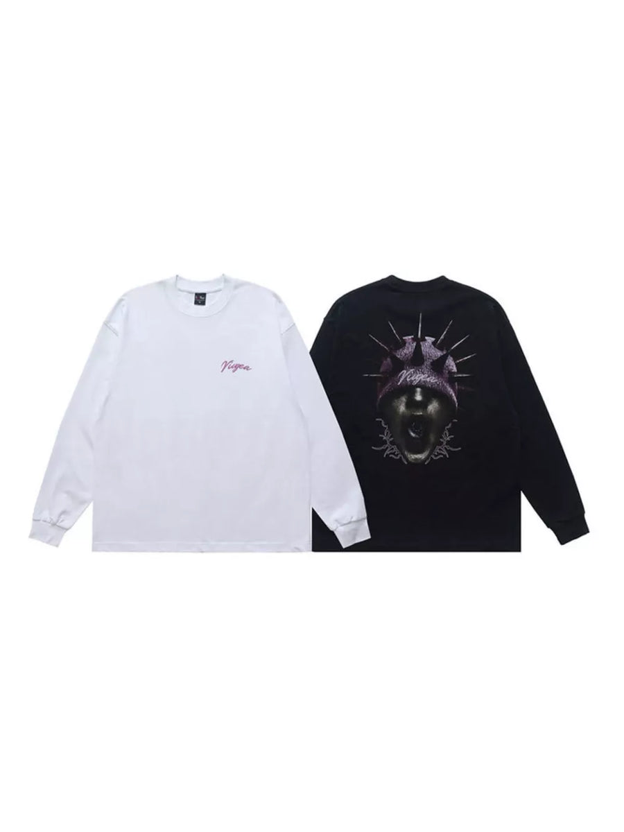 Long sleeve t-shirts, one white with pink text, one black with graphic print.