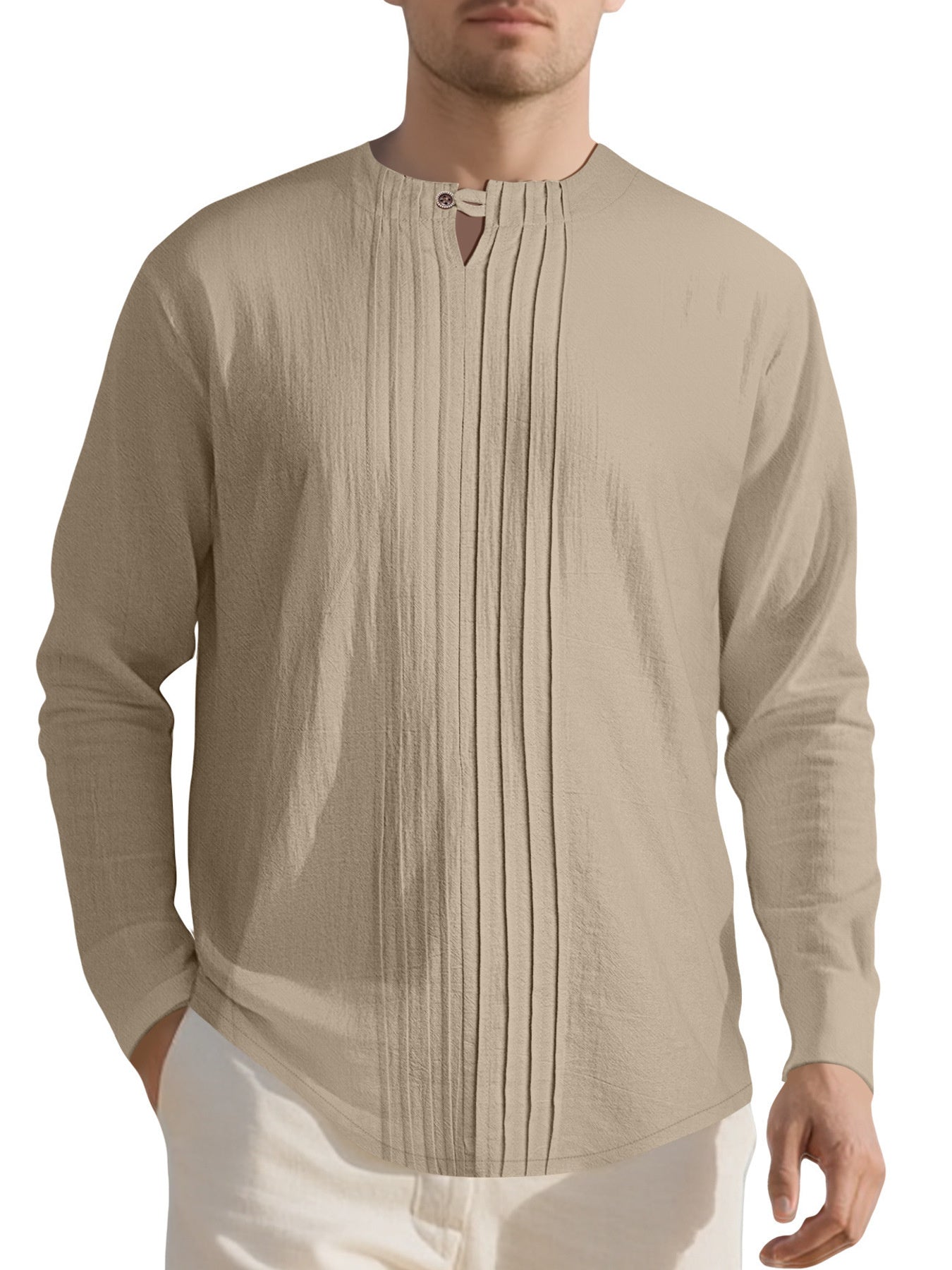 Khaki Men's Casual Pleated Long Sleeve Shirt Plus Size